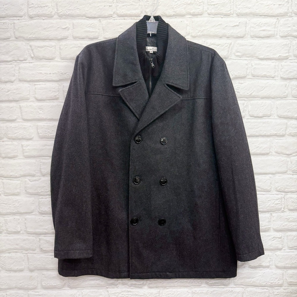 Kenneth Cole New York Mens XXL Peacoat Jacket Charcoal Double Breasted Excellent